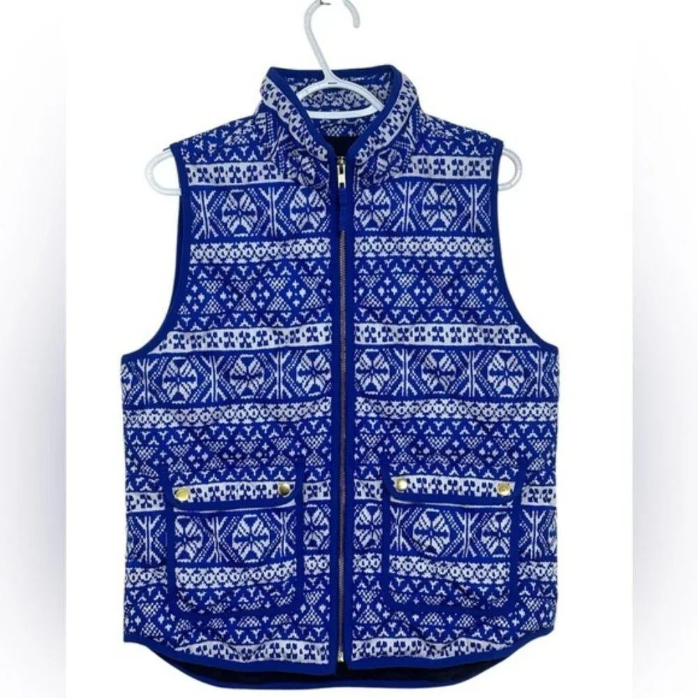 J. Crew Womens Nordic Blue & White Puffer Vest W/ Front Pockets Size M